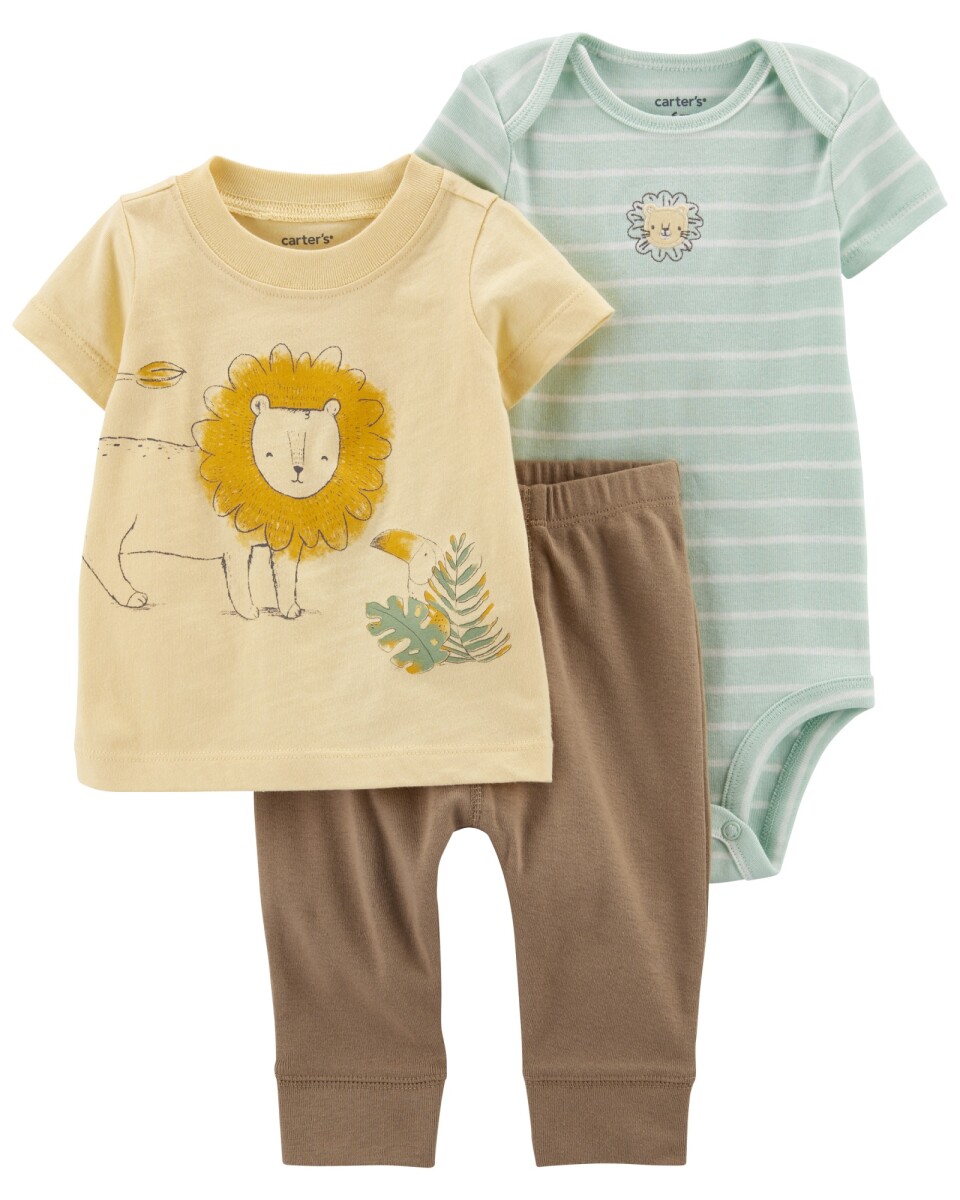 Set tres piezas pantalón, remera y body de algodón estampa león 