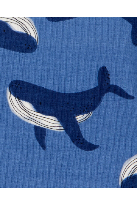 Pijama cuatro piezas de algodón, dos bermudas y dos remeras, diseño ballenas. Talles 12-24M Sin color