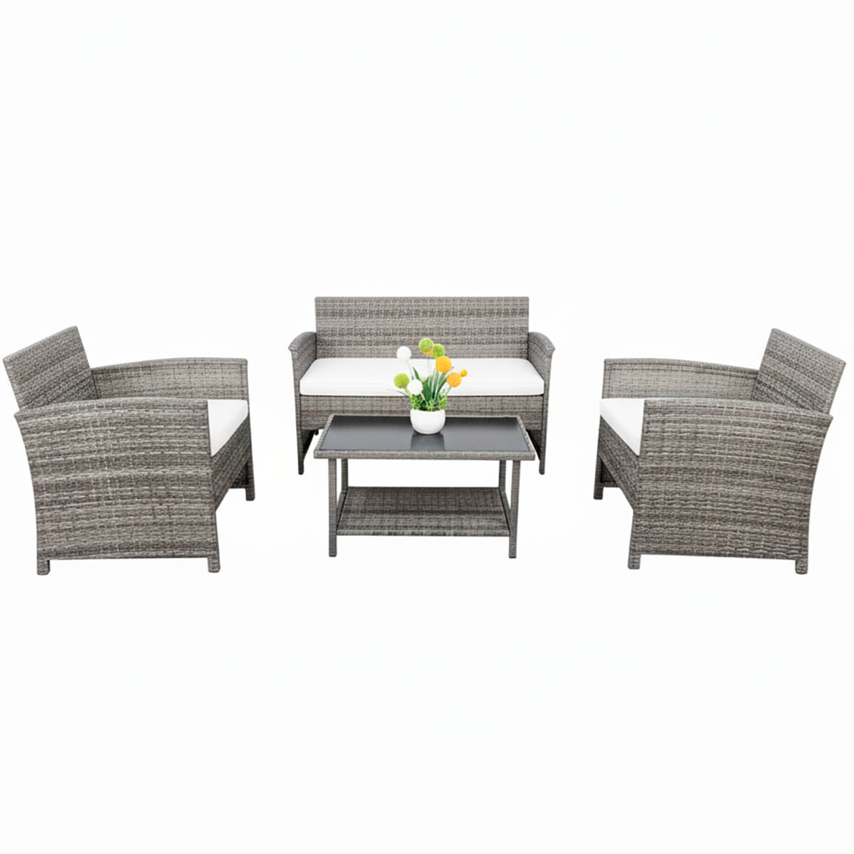 Set X4 Juego Jardín Ratán Sillones + Mesa Patio - Gris 