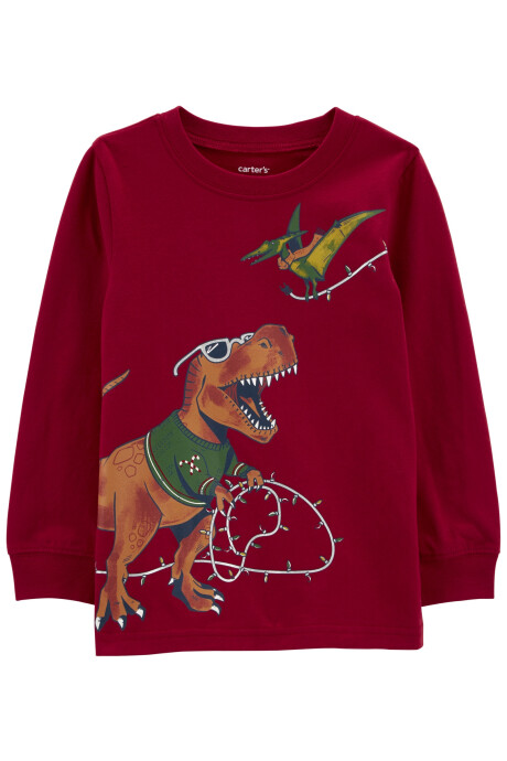 Remera de algodón manga larga estampa dinosaurio navideño Sin color