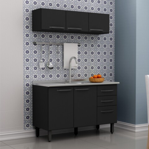 Bajo Mesada 3 Puertas y 2 Cajones con Pileta Izquierda Tramontina Acero Inox - Negro Bajo Mesada 3 Puertas y 2 Cajones con Pileta Izquierda Tramontina Acero Inox - Negro