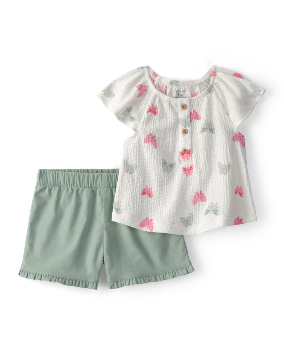 Set dos piezas, short de algodón y blusa de jersey arrugado, diseño mariposas. Talles 6-24M 