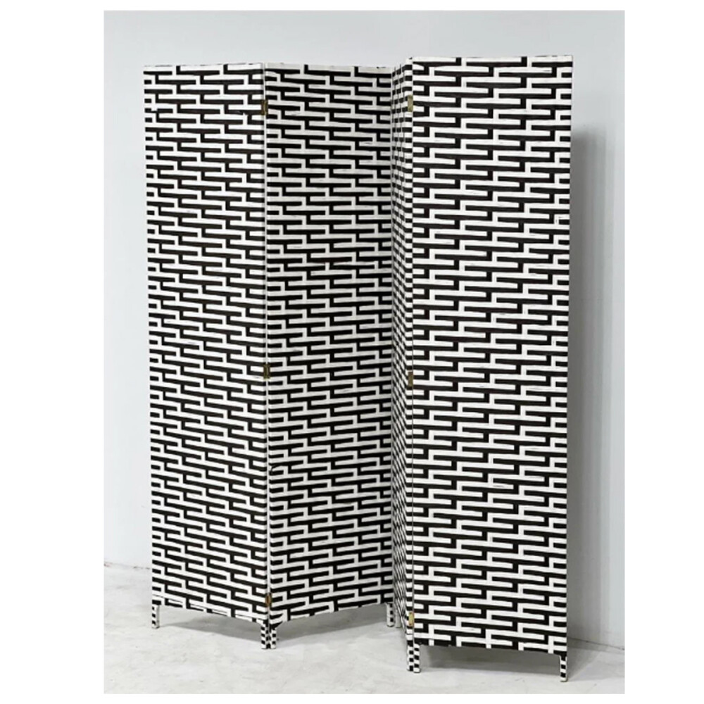 Biombo Boho Nhome 4 Paneles Madera Ratán Clásico Blanco y negro