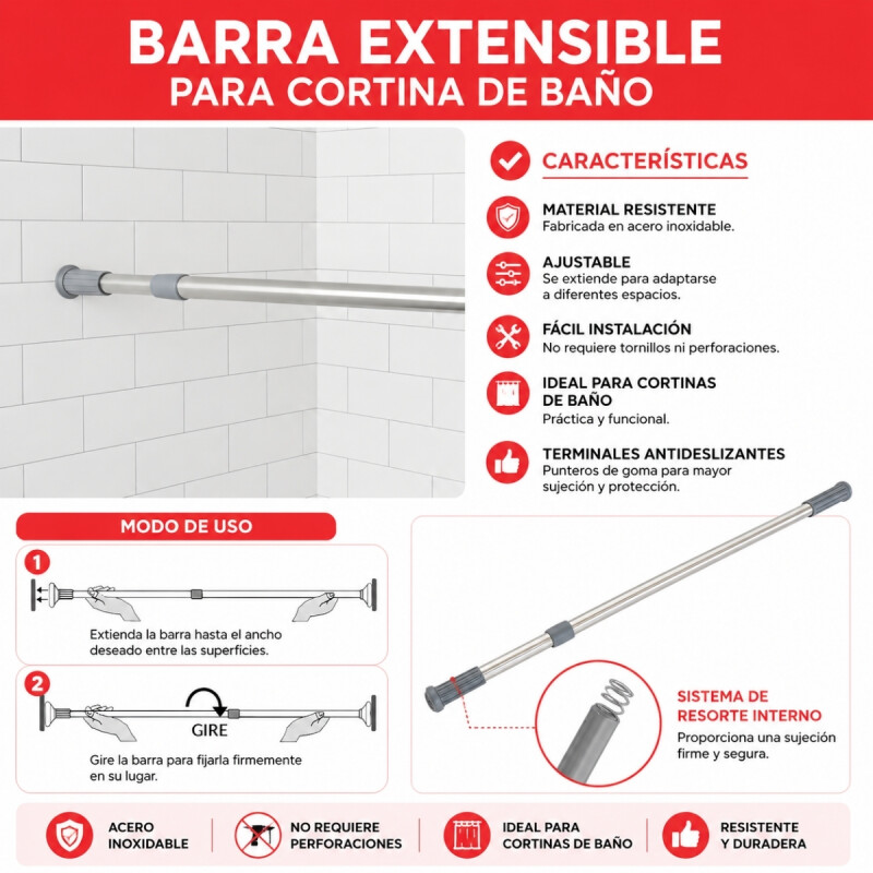 Barrote extensible para cortina 110 a 200 cm GRIS