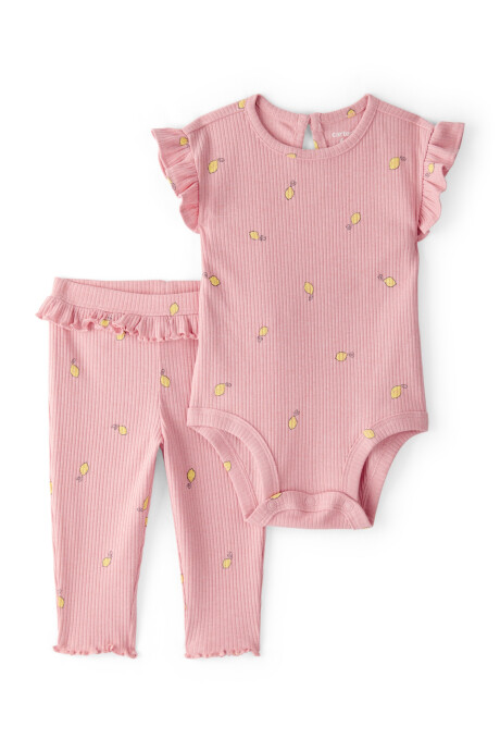 Set dos piezas de algodón acanalado, pantalón y body con volados, diseño limones Set dos piezas de algodón acanalado, pantalón y body con volados, diseño limones