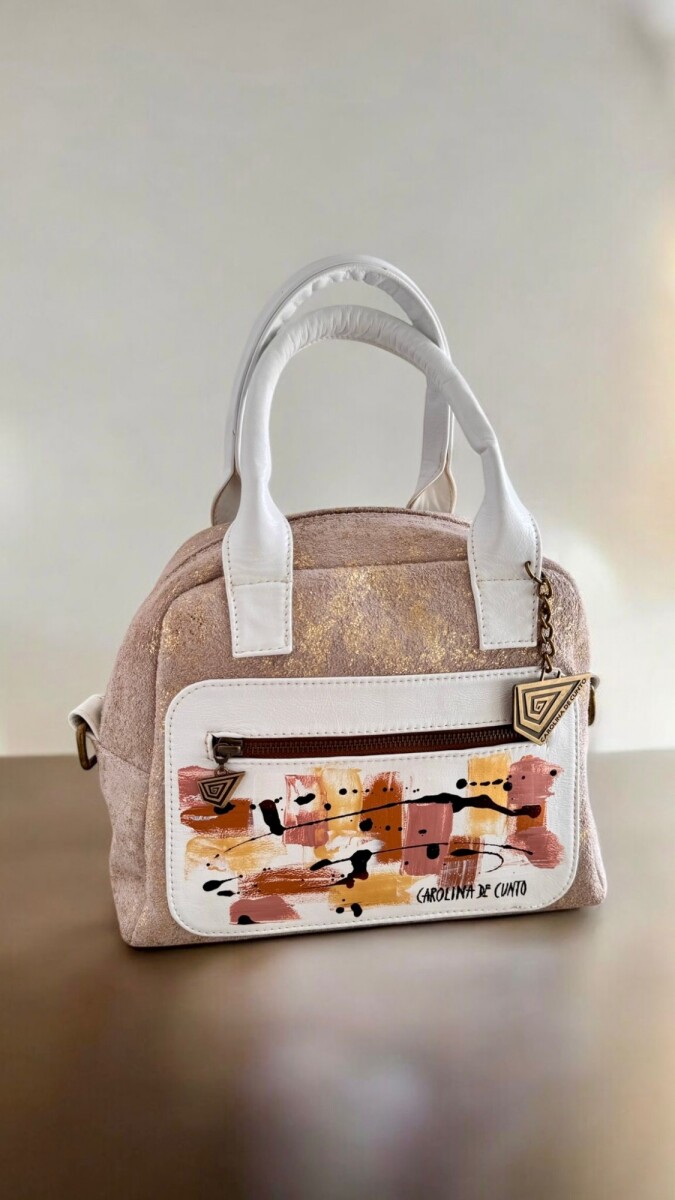 Cartera De Cuero Natural, Blanco Y Dorado Modelo ISA Con Arte Carolina De Cunto 