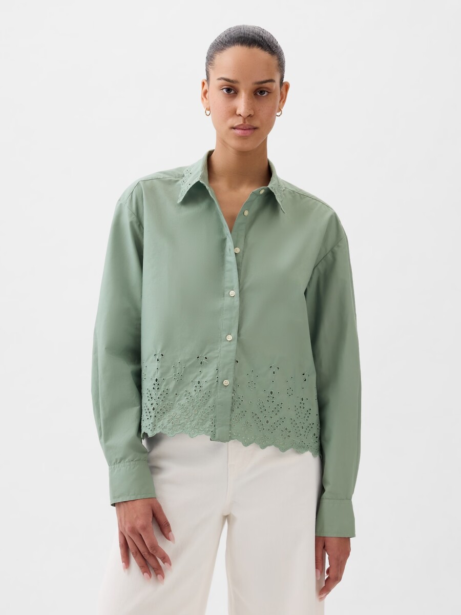 Camisa Corta Con Broderie Mujer - Sage 