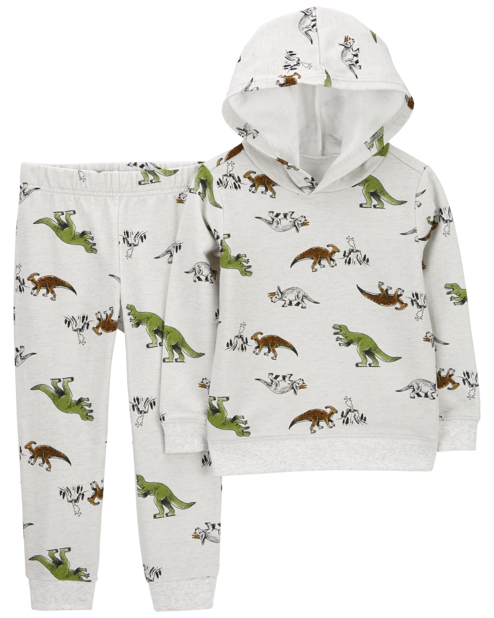 Set dos piezas pantalón y buzo con capucha de algodón, diseño dinos. Talles 6-24M Sin color