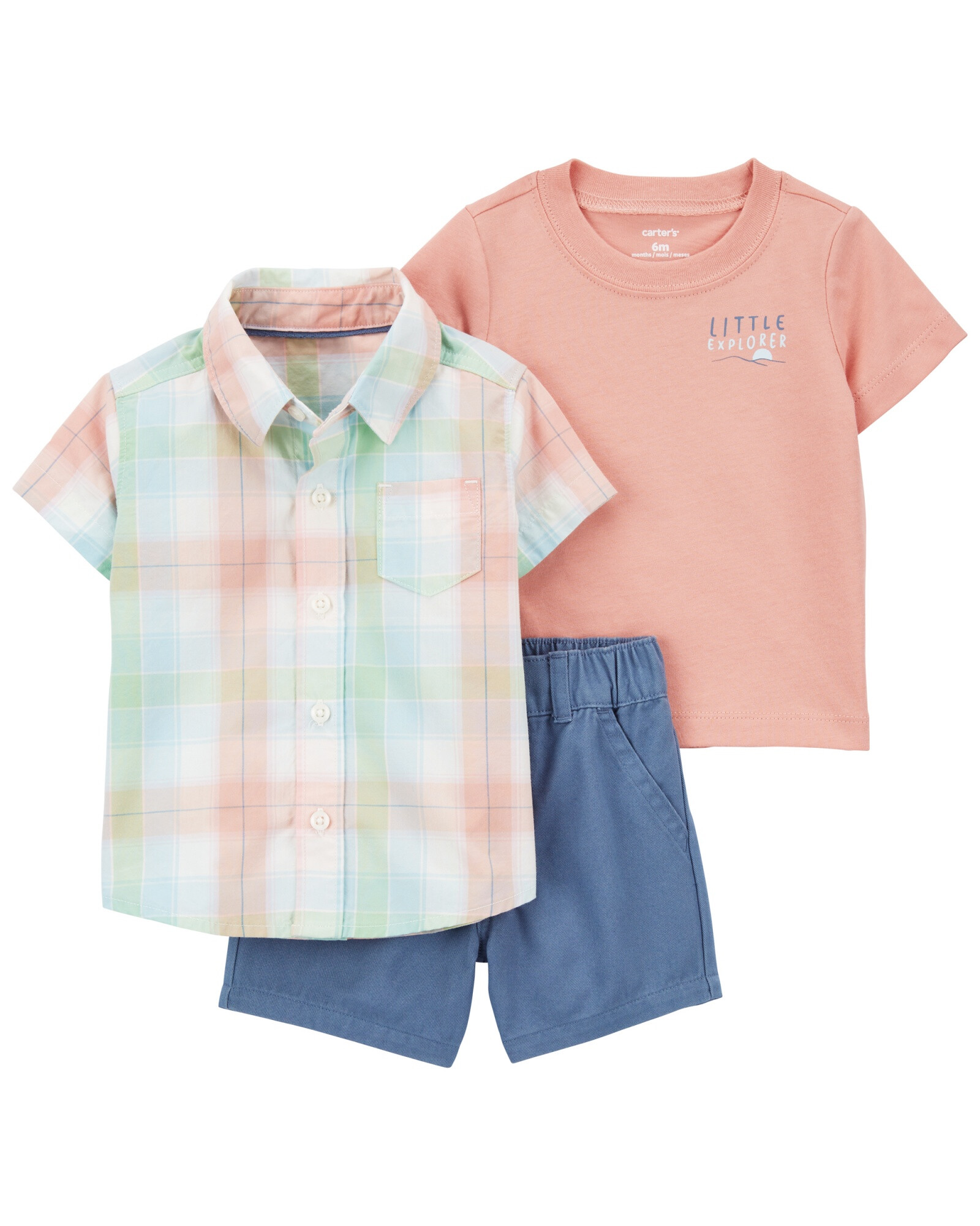Set tres piezas de algodón, short, camisa y remera estampada Set tres piezas de algodón, short, camisa y remera estampada