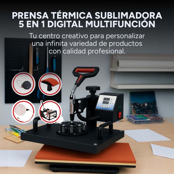 Prensa Térmica 5 En 1 Sublimación Remeras Tazas Gorros Jarra Color Negro Rojo