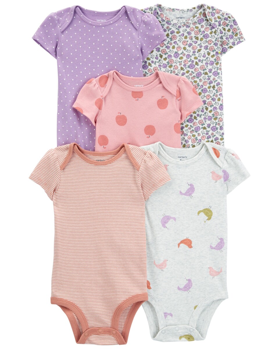 Pack cinco bodies de algodón, manga corta, estampados 