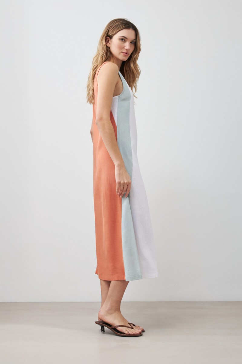 Vestido de lino color block blanco
