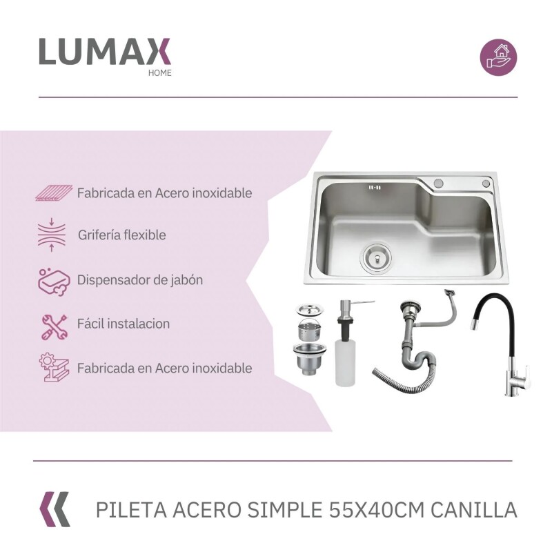 Pileta de cocina Lumax Acero Simple Canilla flexible 55x40 cm Negro