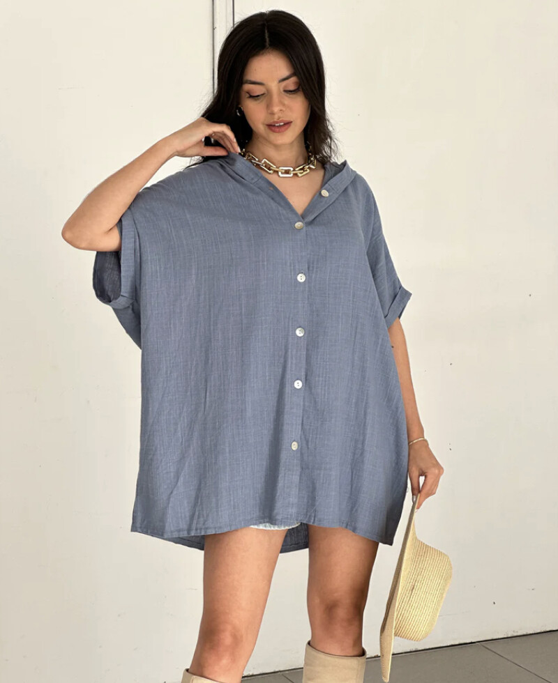 Camisa con capucha de lino azul