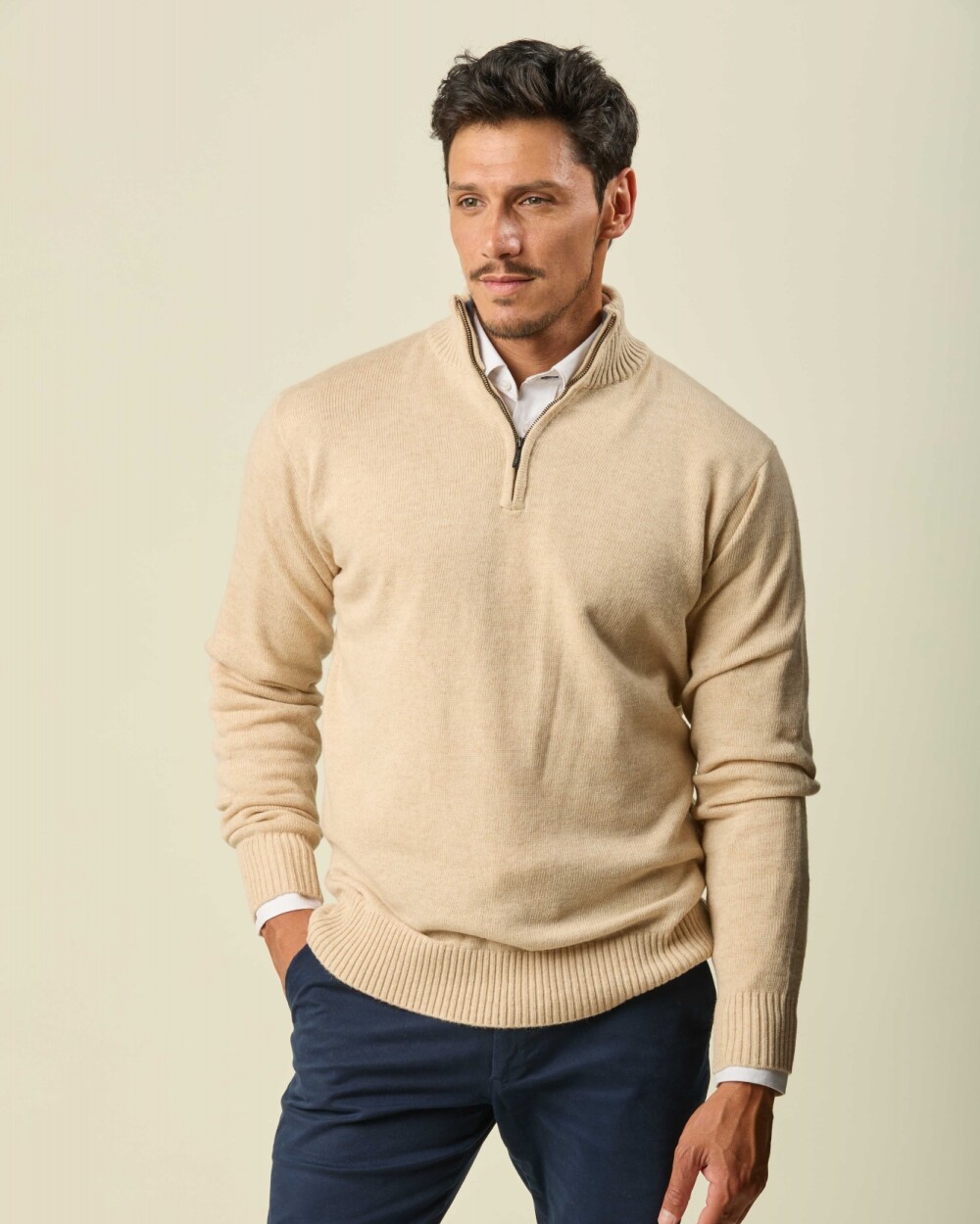 Buzo Lambswool Medio Cierre Beige