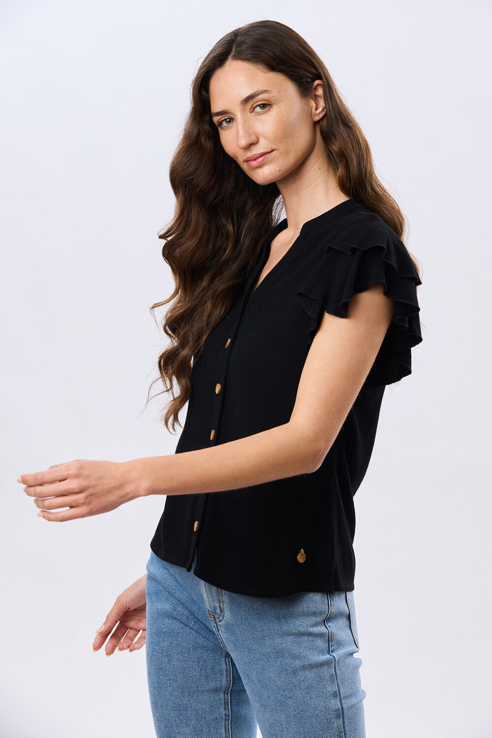 CAMISA DE LINO CON VOLADOS Negro