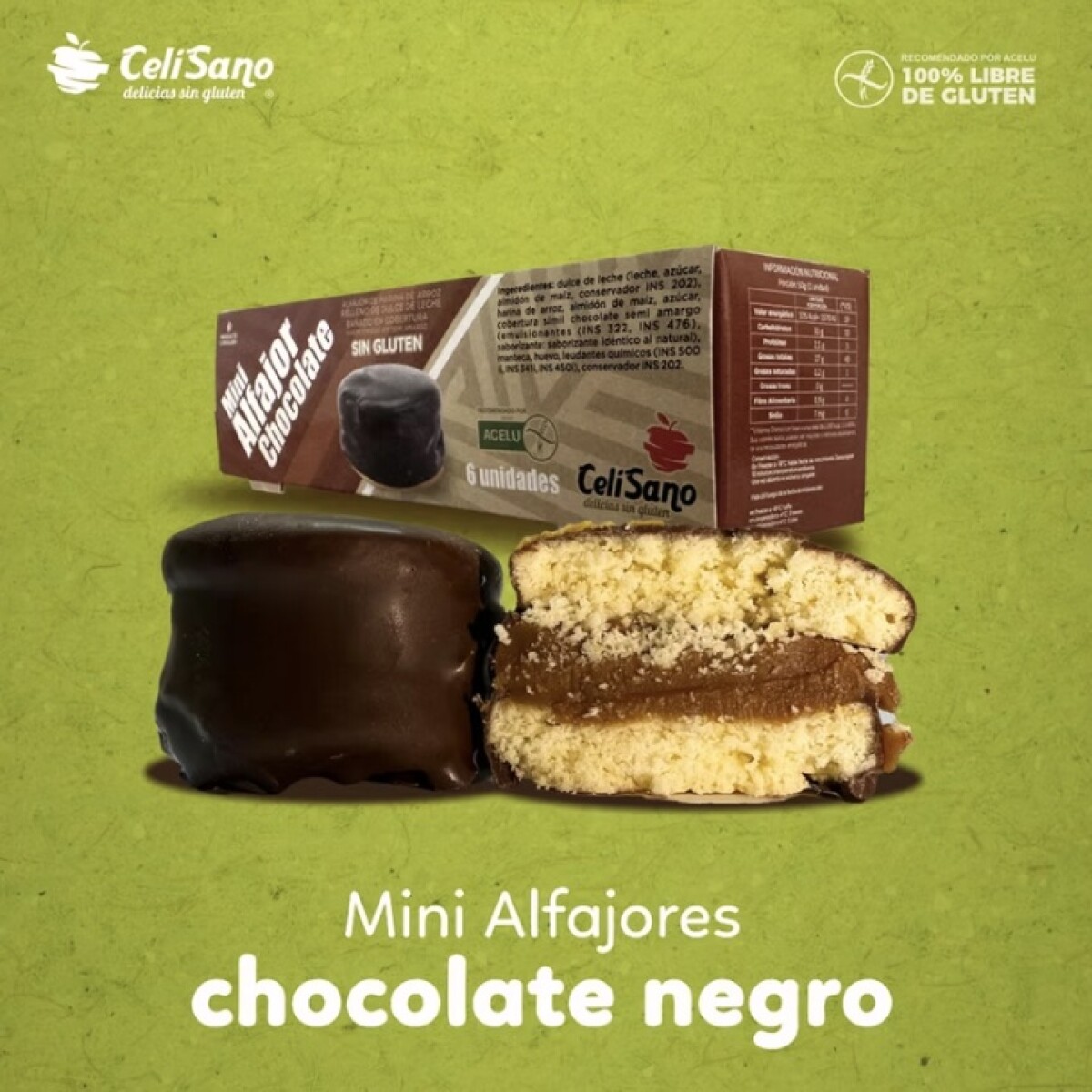 ALFAJOR CHOCO S/GLUTEN X6 CELISANO +SOLO PDE O WEB+ 