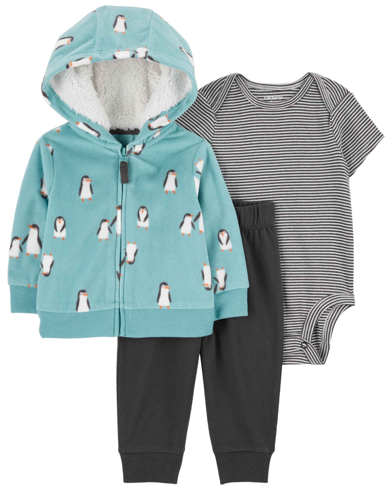 Set tres piezas, campera de micropolar, capucha forrada en sherpa, pantalón y body de algodón Sin color