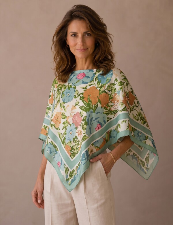 Poncho Saten Flores MULTI/VERDE