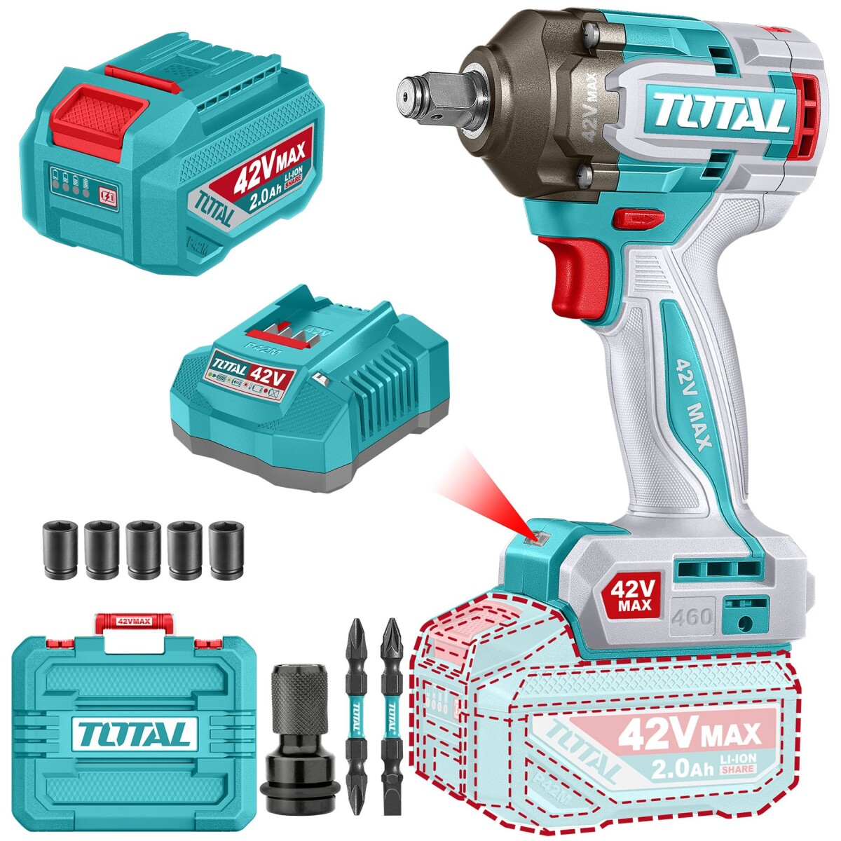 Llave De Impacto Inalámbrica 42v 1/2" 460Nm - Batería, Cargador Y Maletín - Sin Carbones 