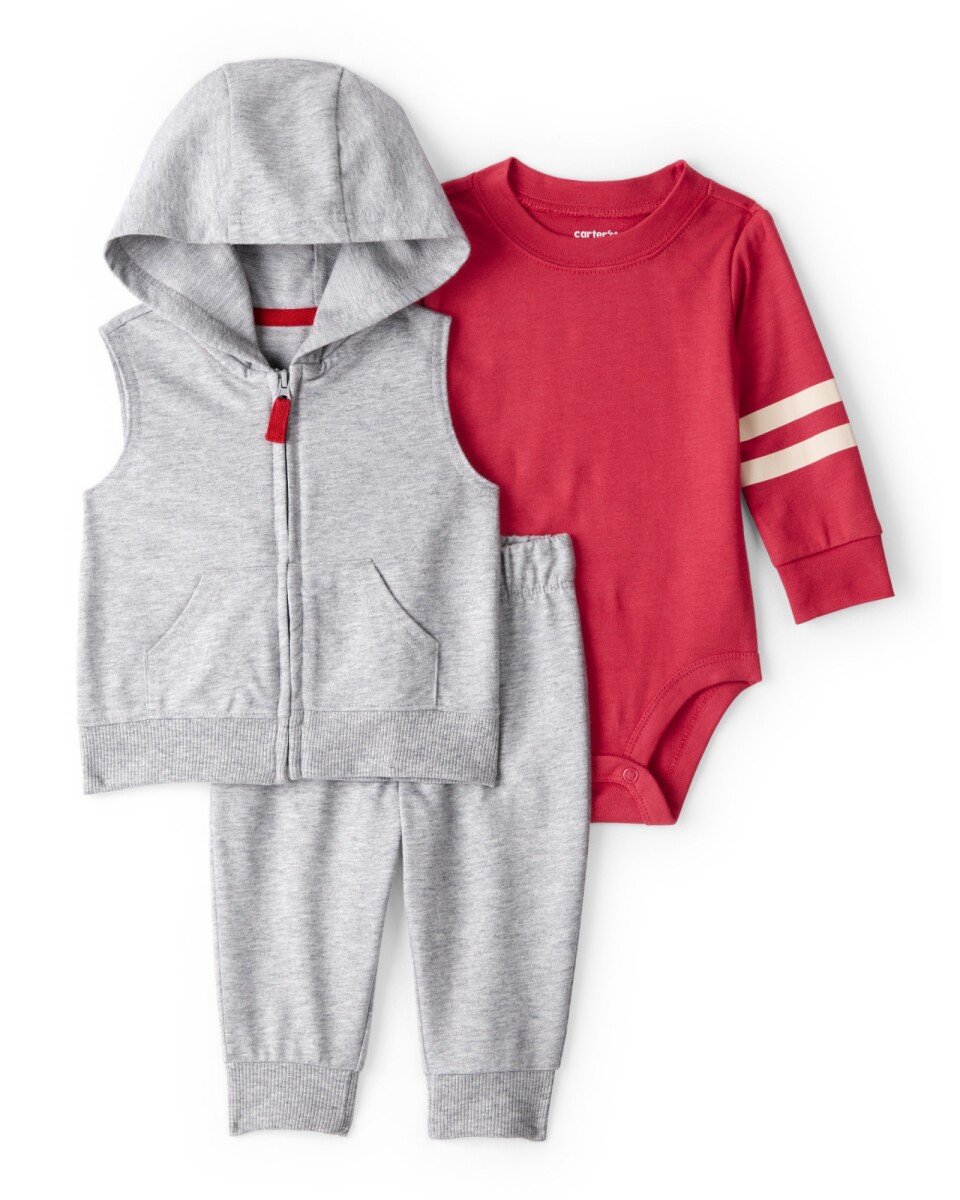 Set tres piezas de algodón, chaleco con capucha, pantalón y body 