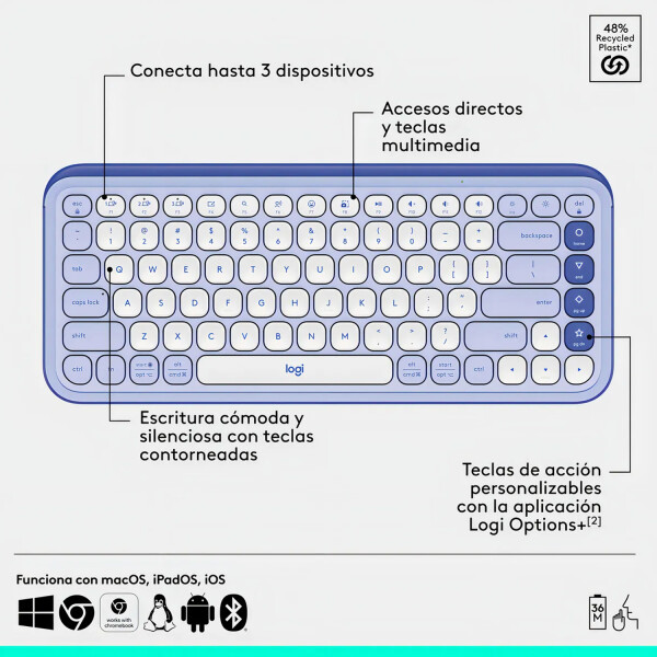 Combo Ligitech Teclado Mouse Pop Icon Blutooth VIOLETA
