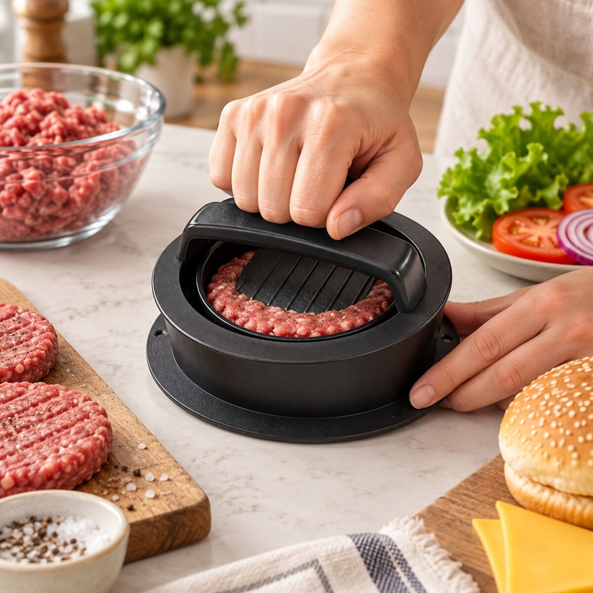 Molde Prensa para Hamburguesas 3 en 1 – Clásicas, Rellenas y Mini 