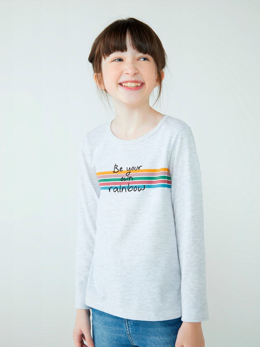 CAMISETA DE NIÑA MANGA LARGA ESTAMPADA - GRIS CLARO 
