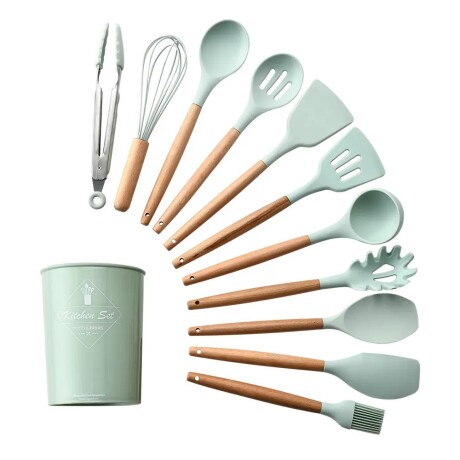Set Menage 12Pzs Utensillos Cocina en Silicona Antiadherente Verde Claro