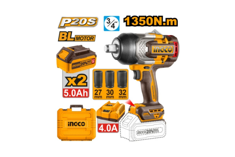 LLAVE DE IMPACTO A BATERÍA 20V P20S 3/4" 1350NM C/2BATERÍAS, CARGADOR, VALIJA + 3DADOS 27, 30, 32MM LLAVE DE IMPACTO A BATERÍA 20V P20S 3/4" 1350NM C/2BATERÍAS, CARGADOR, VALIJA + 3DADOS 27, 30, 32MM