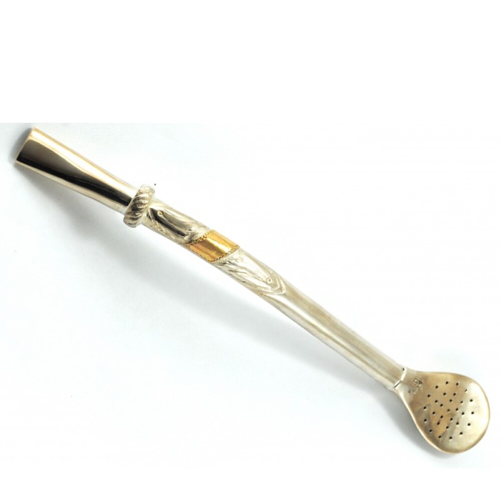 Bombilla de plata y oro, gruesa, cincelada, con tarjeta en oro para grabado Bombilla de plata y oro, gruesa, cincelada, con tarjeta en oro para grabado