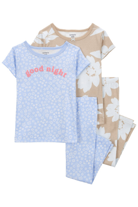 Pijama cuatro piezas de algodón, dos pantalones y dos remeras, diseño floral. Talles 2-5T Pijama cuatro piezas de algodón, dos pantalones y dos remeras, diseño floral. Talles 2-5T