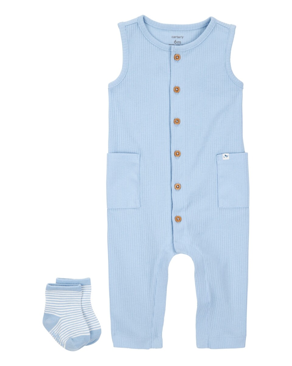 Monito y medias de algodón acanalado, azules 