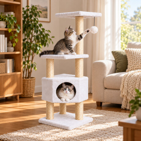 Rascador Para Gatos 4 Niveles 130cm Cueva Y Juguete Blanco