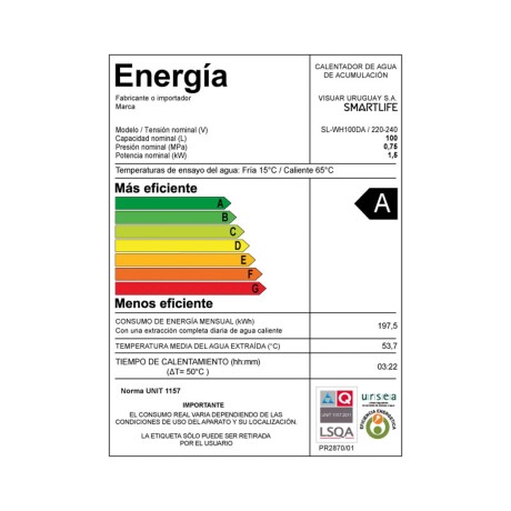 TERMOTANQUE SMARTLIFE 100L ACERO SL-WH100DA EFICIENCIA A
