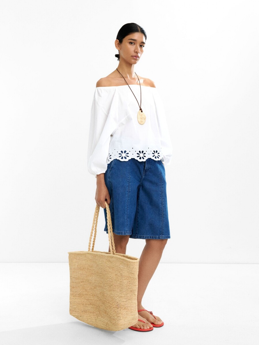 Blusa De 100% Algodón Con Manga Abullonada blanco