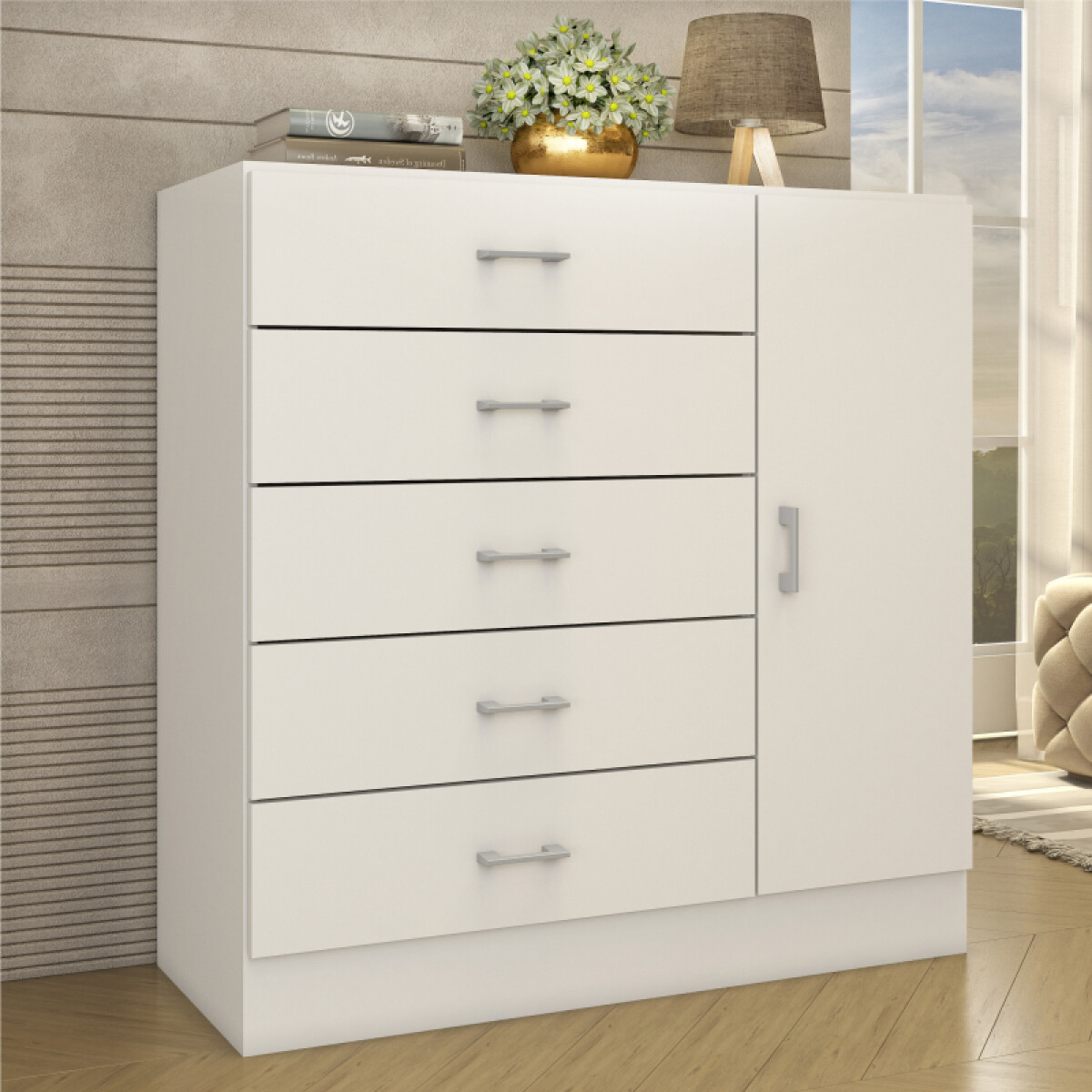 Comoda Cajonera para Dormitorio de 5 Cajones 1 Puerta y 1 Estante interno - FE - Blanco 