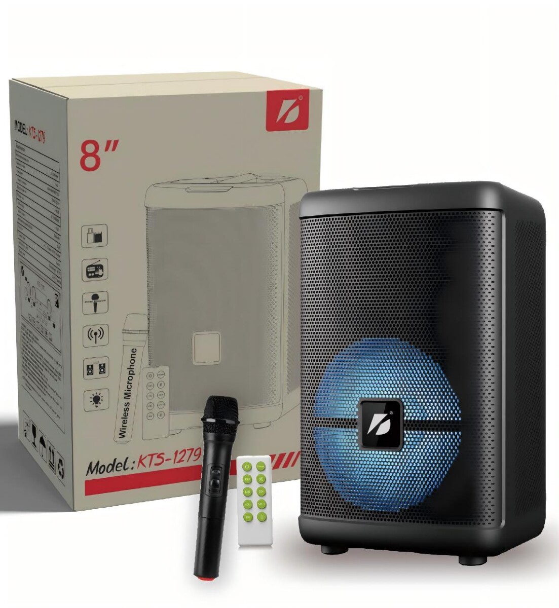 PARLANTE PORTÁTIL BLUETOOTH KTS1279 8" CON MICRÓFONO LUCES LED 