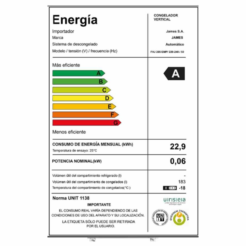 Freezer Vertical James FVJ265 empotrable Freezer Vertical James FVJ265 empotrable