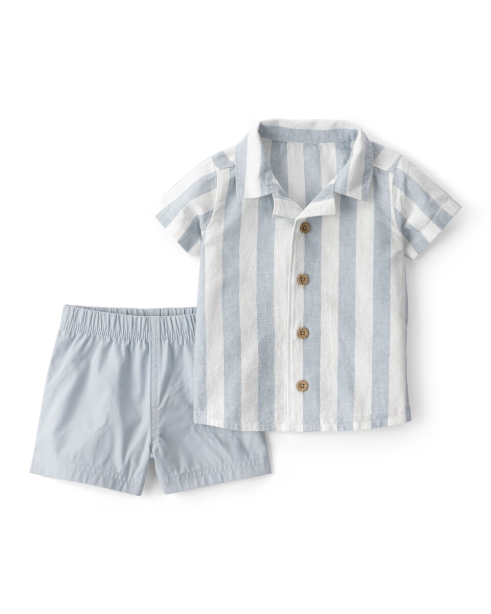 Set dos piezas, short de algodón y camisa de lino, azul, diseño a rayas 