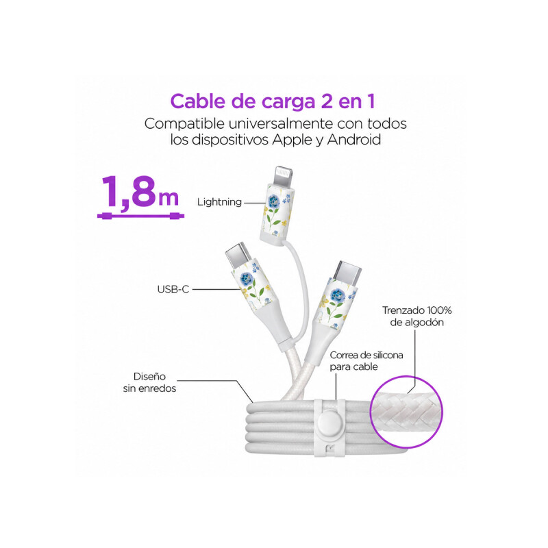 Kit de carga HyperGear USB-C PD 30W con cable Tipo-C/Lightning floral Kit De Carga Hypergear Usb-c Pd 30w Con Cable Tipo-c/lightning Floral