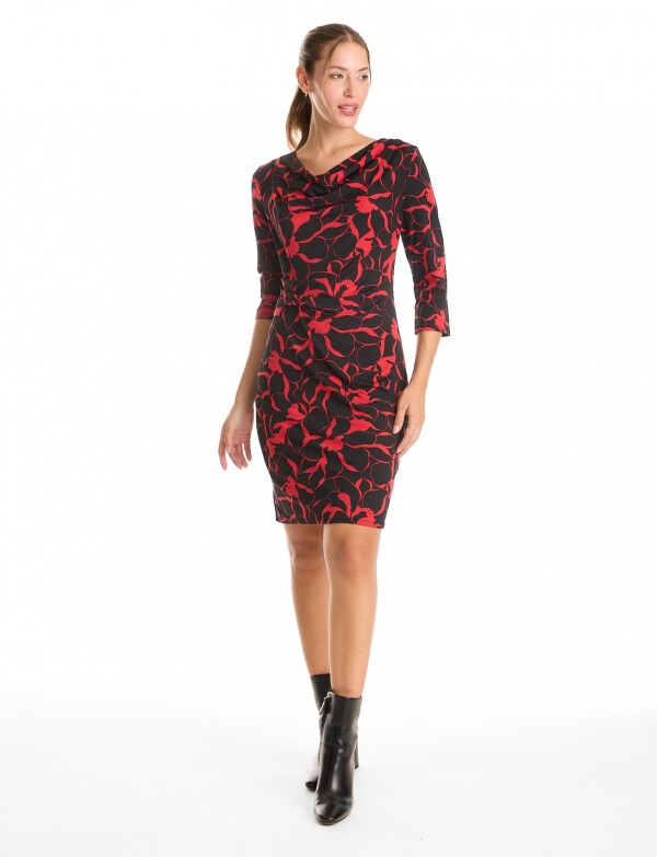 Vestido Print Cuello Volca NEGRO/ROJO