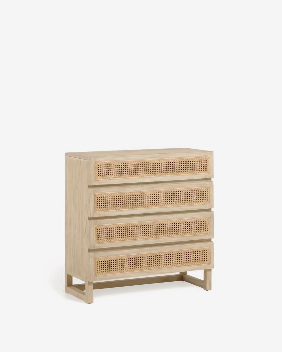 Cómoda Rexit 4 cajones madera maciza y chapa mindi con ratán 90 x 93 cm Cómoda Rexit 4 cajones madera maciza y chapa mindi con ratán 90 x 93 cm