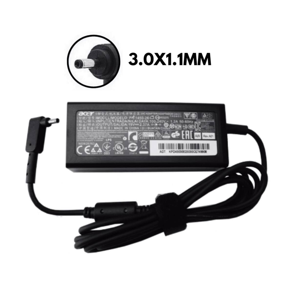 Cargador Acer 19v 2.37a 45w 3.0 X 1.1mm Fino 