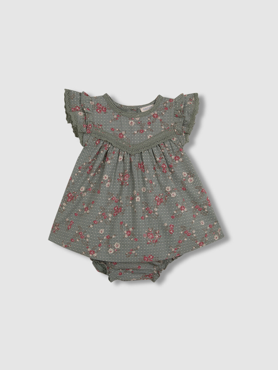 Vestido Estampado De Flores Con Tiras Bordadas Verde