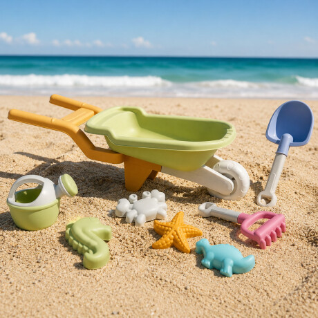 Set Juego De Playa Infantil 8 Piezas Con Carretilla y Moldes Verde