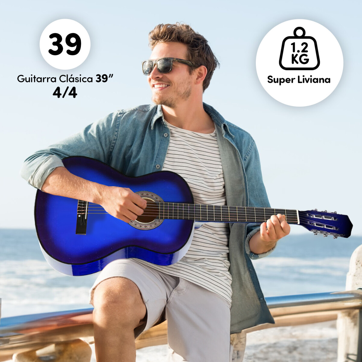 Guitarra Criolla Clasica Tamaño 4/4 39 Para diestros Con Estuche Funda Y Puas Imback Color Azul 
