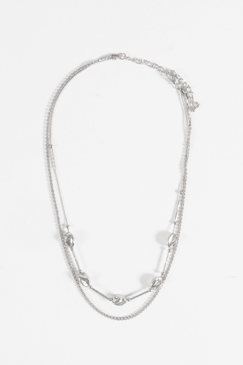 Collar largo doble con cuentas plateado