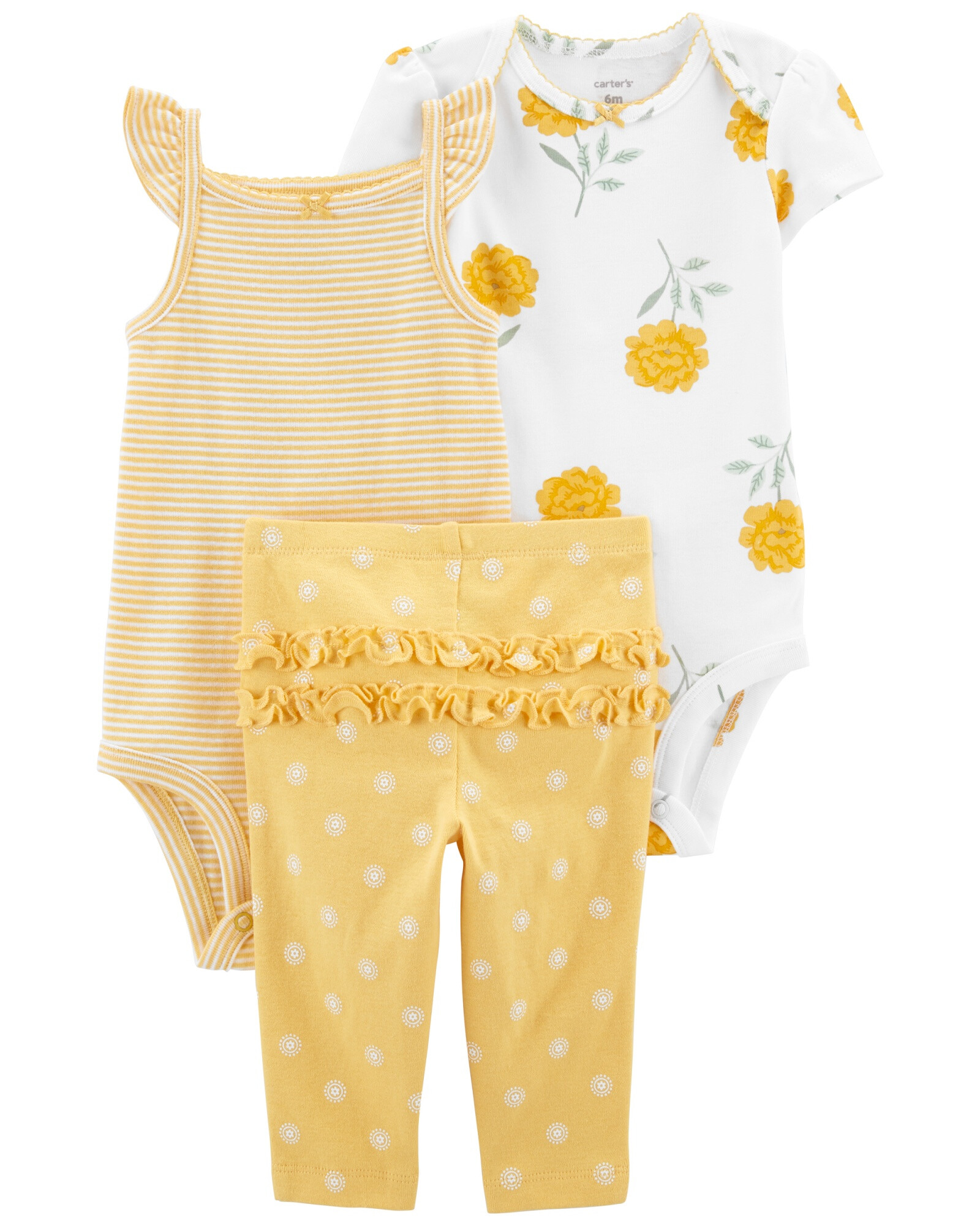 Set tres piezas pantalón y dos bodies de algodón diseño floral Set tres piezas pantalón y dos bodies de algodón diseño floral