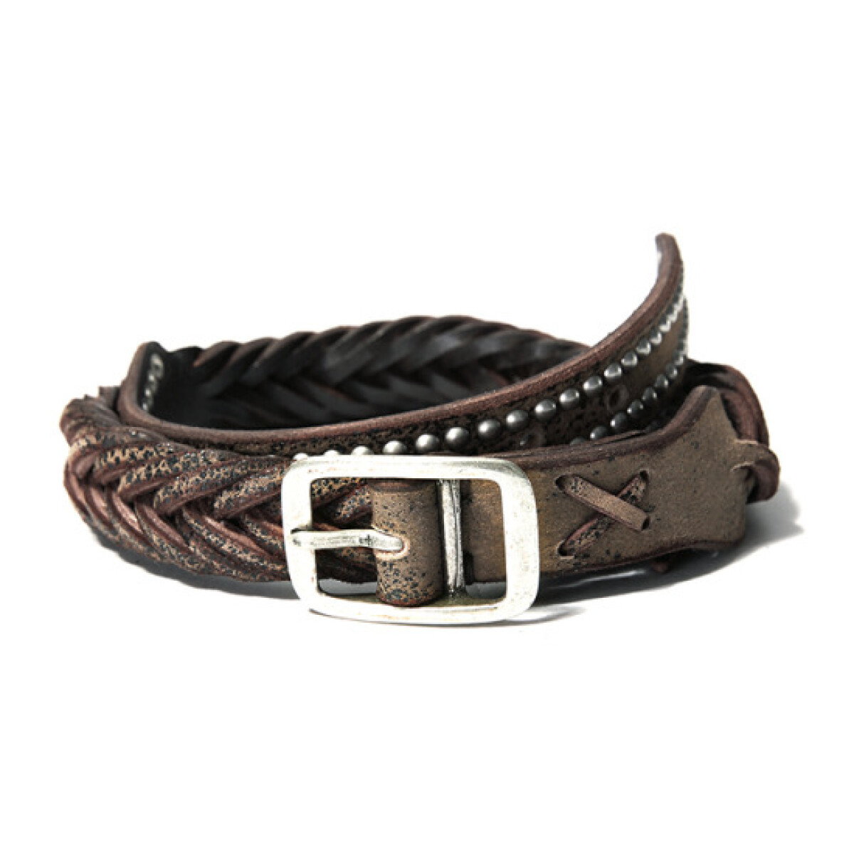 Cinturón de cuero trenzado con tachas efecto vintage - Marrón 